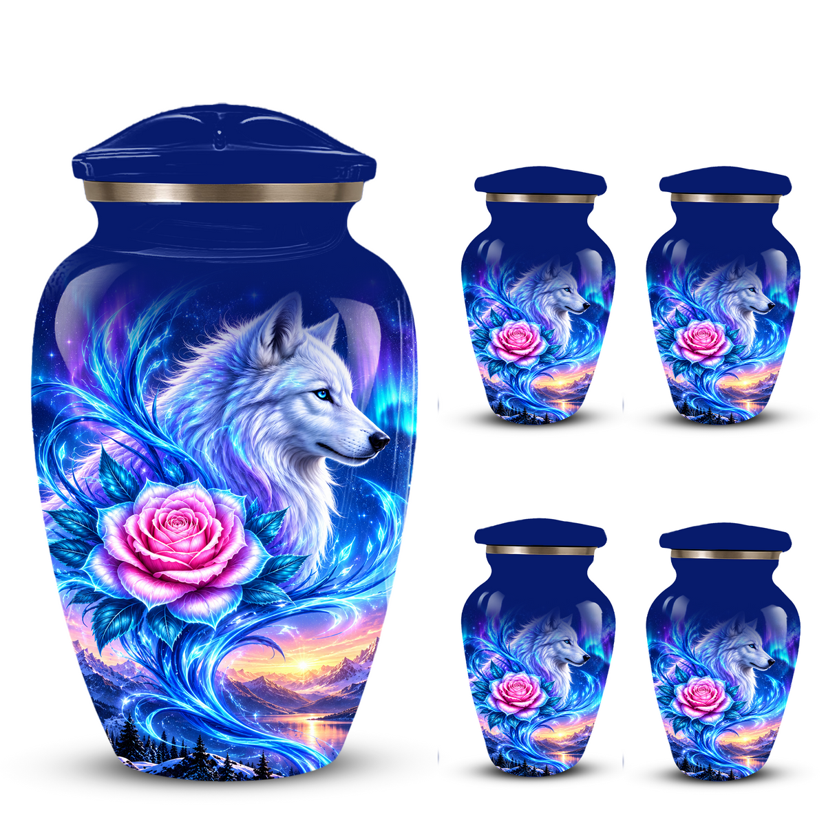 White Wolf and Pink Rose Cremation Urn for Adult Ashes, Blue Memorial Urn with Celestial Aurora and Sunset Mountain Artwork