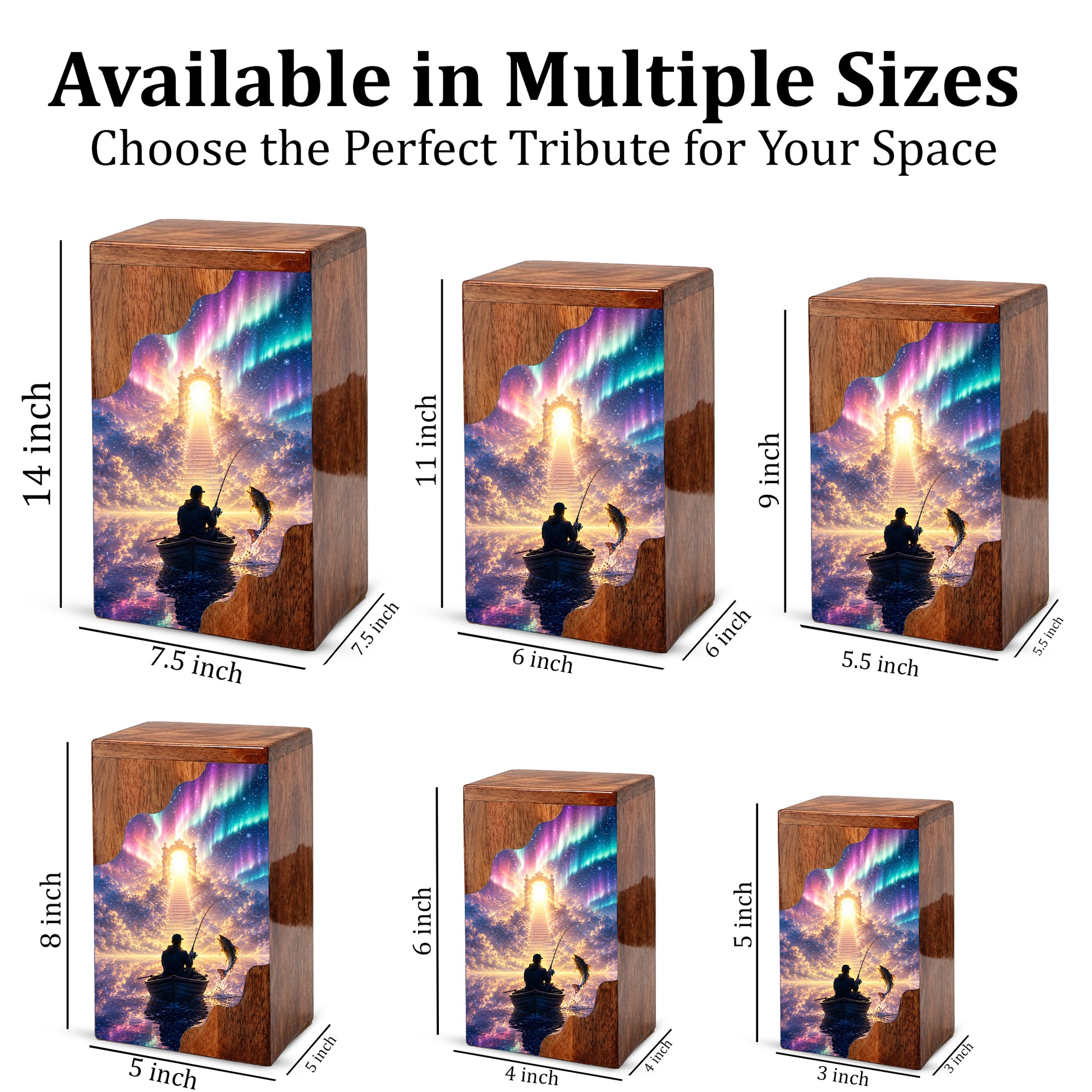 Northern Lights Fishing Wooden Cremation Urn – Personalized Memorial Urn for Human Ashes