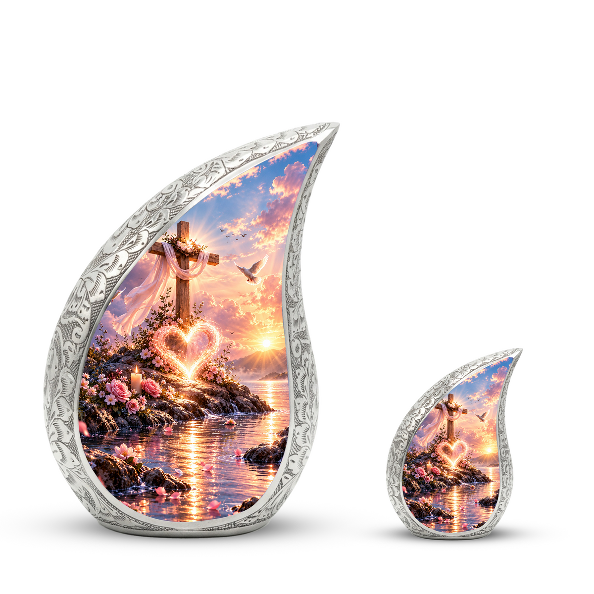 Christian Cross Cremation Urn for Adult Ashes, Sunset Memorial Urn with Dove and Glowing Heart, Religious Urn for Mom or Dad