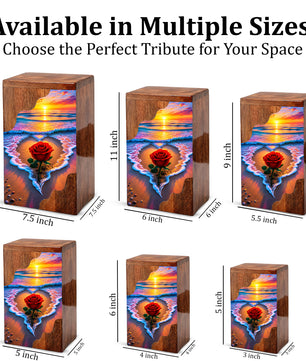Rose Beach Wooden Cremation Urn – Sunset Ocean Memorial Urn for Human Ashes