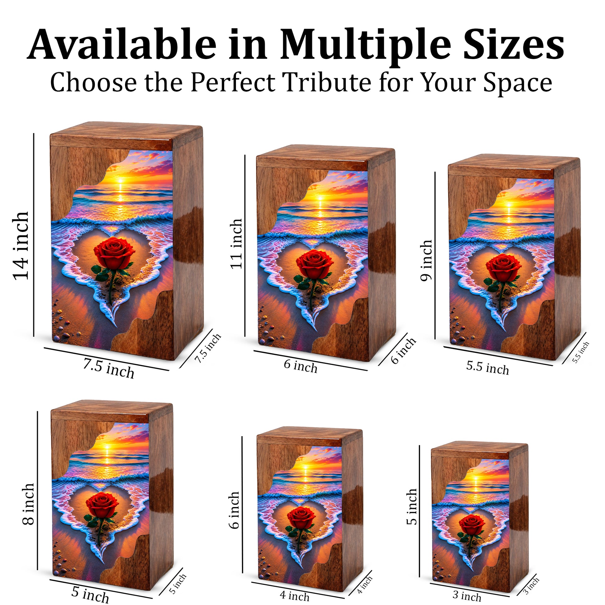 Rose Beach Wooden Cremation Urn – Sunset Ocean Memorial Urn for Human Ashes