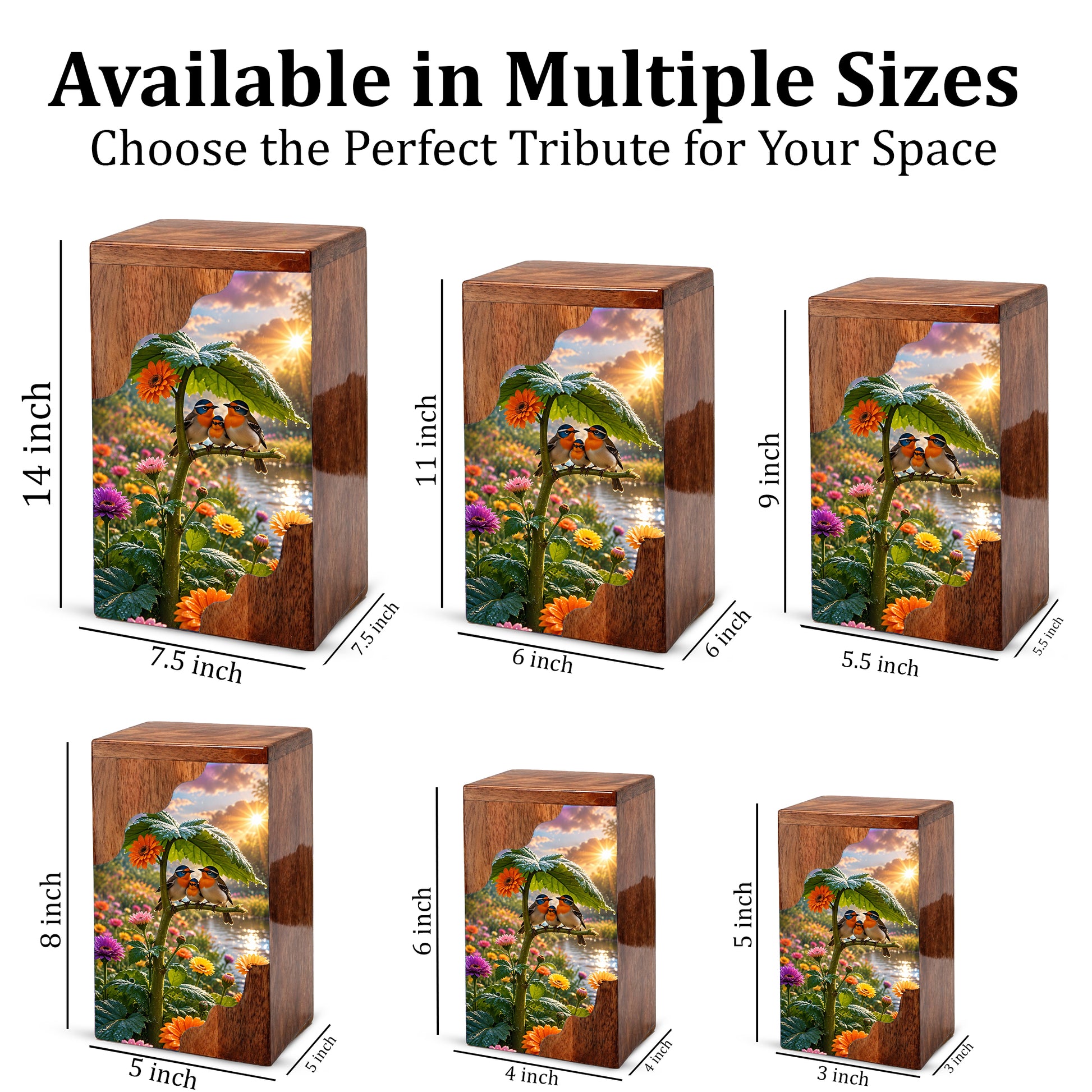 Family Birds Wooden Cremation Urn – Personalized Memorial Urn for Human Ashes