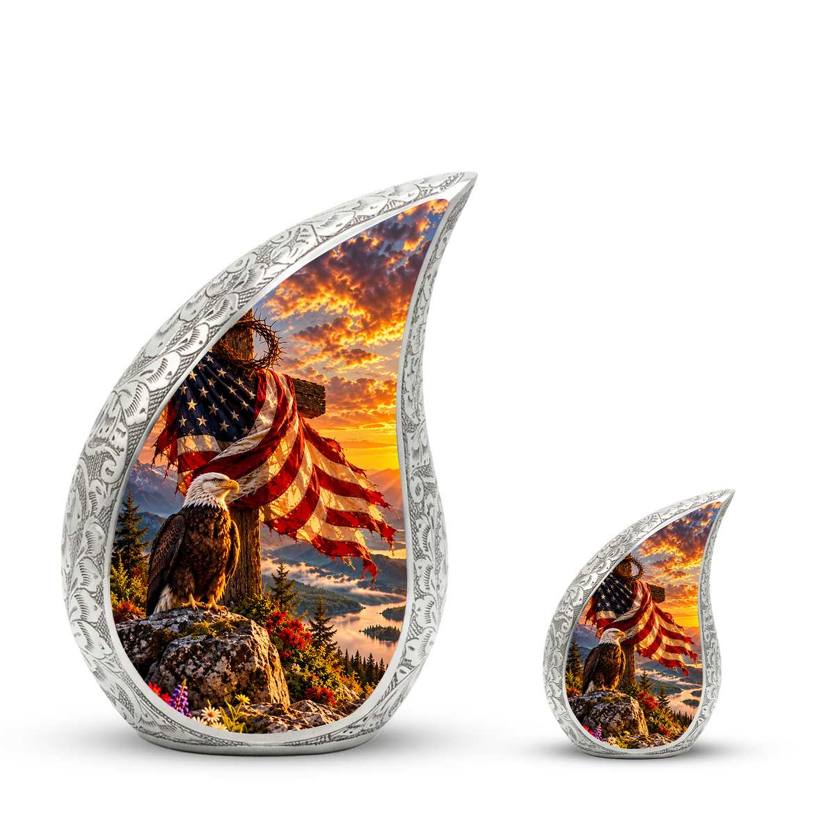 Christian Cremation Urn for Adult Ashes, Jesus Cross and American Flag Memorial Urn