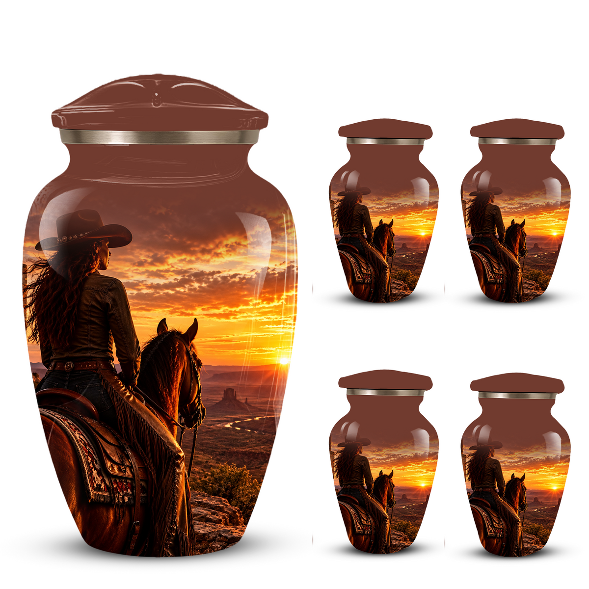 Personalized Adult Cremation Urn for Ashes, Custom Memorial Urn, Western Cowboy Horse Sunset Design