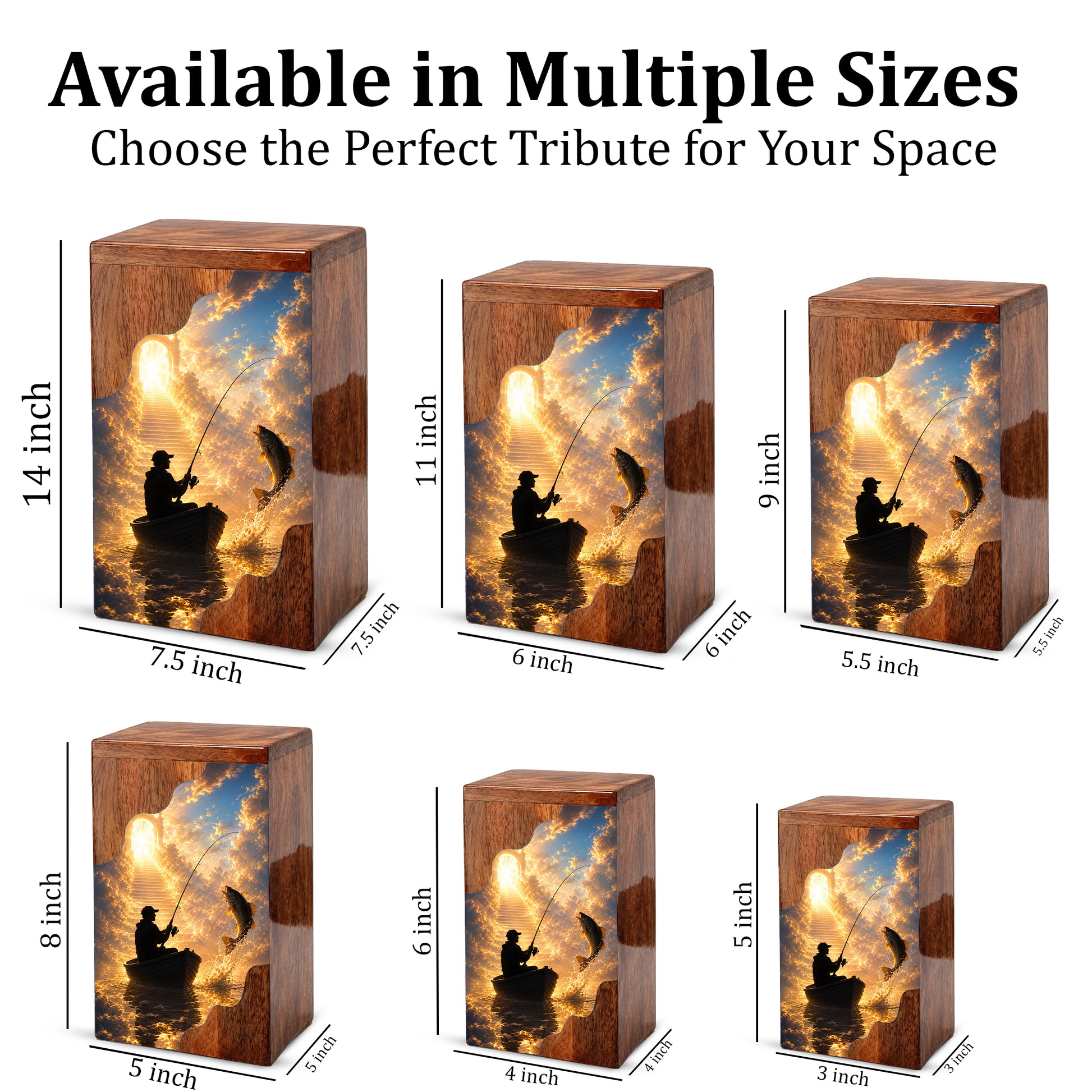 Heavenly Fishing Wooden Cremation Urn – Personalized Memorial Urn for Human Ashes