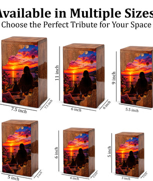 Sunset Balcony Wooden Cremation Urn – Peaceful Evening Memorial Urn with Ocean View Artwork