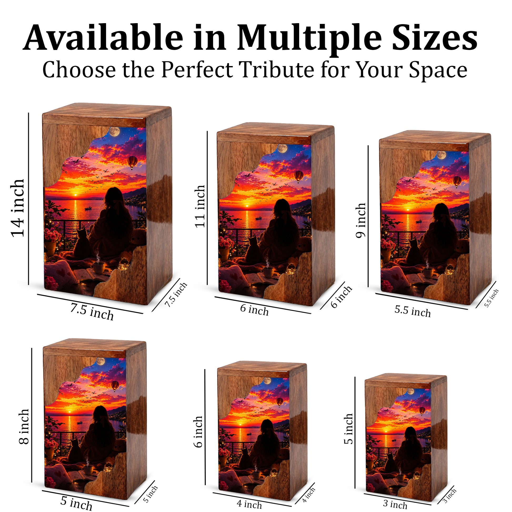 Sunset Balcony Wooden Cremation Urn – Peaceful Evening Memorial Urn with Ocean View Artwork
