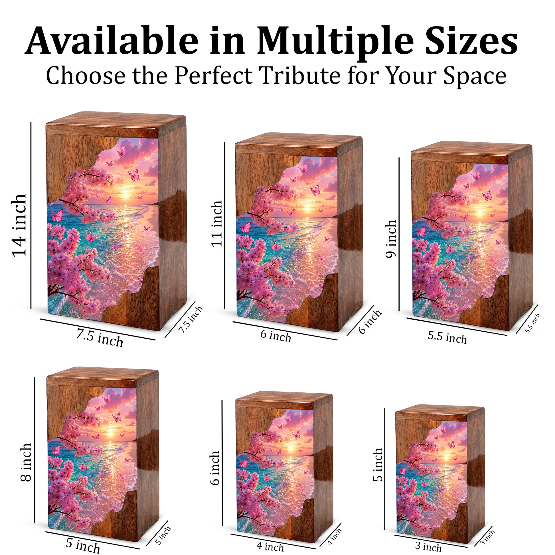 Cherry Blossom Beach Wooden Cremation Urn – Butterfly Memorial Urn for Human Ashes