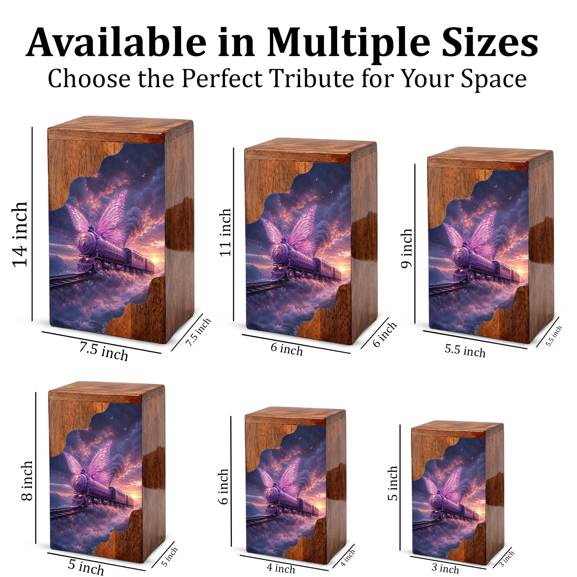 Butterfly Train Wooden Cremation Urn for Human Ashes