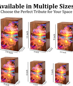 Beach Wooden Cremation Urn – Tropical Sunset Memorial Urn | Wooden Urn for Human Ashes