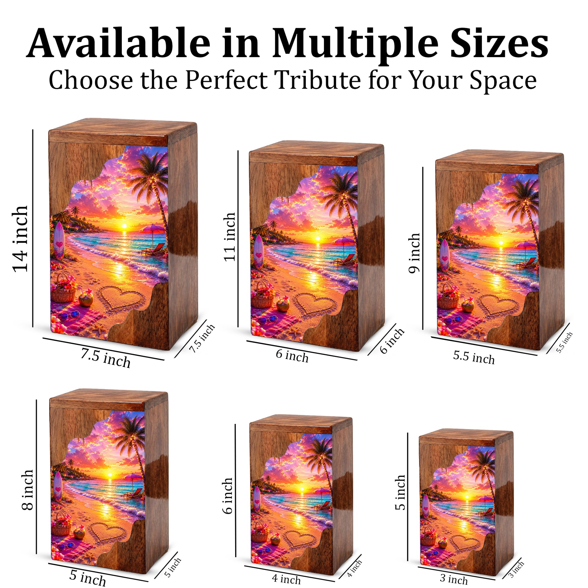 Beach Wooden Cremation Urn – Tropical Sunset Memorial Urn | Wooden Urn for Human Ashes