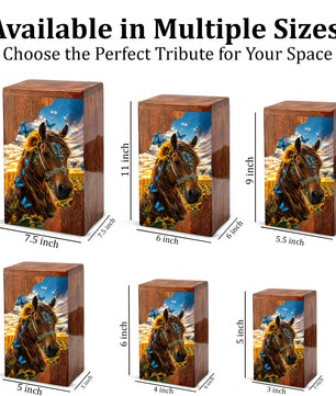Horse Wooden Cremation Urn – Butterfly & Sunflower Memorial Urn for Ashes