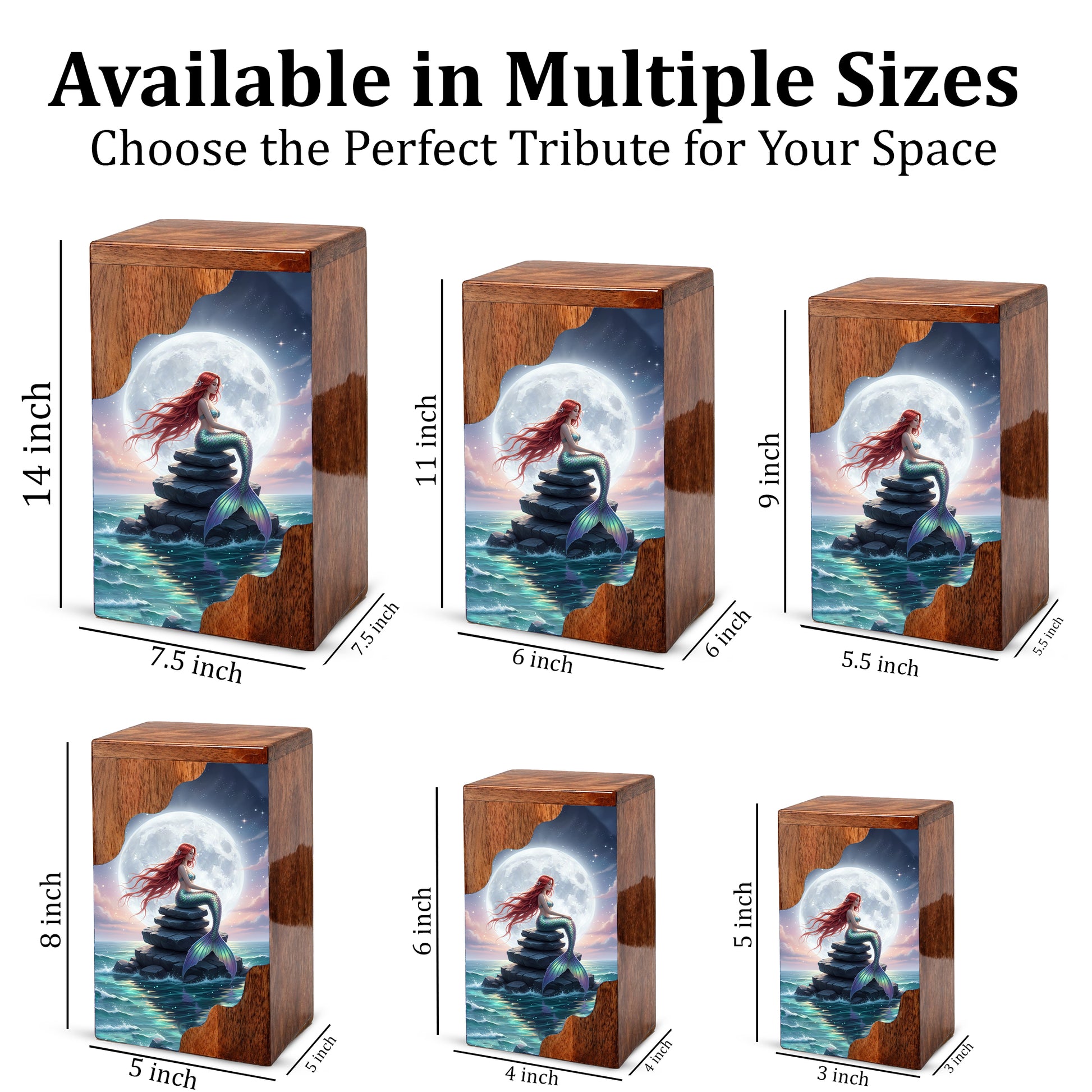 Wooden Cremation Urn – Moonlit Mermaid Memorial Urn | Custom Memorial Urn for Mom, Women & Loved Ones