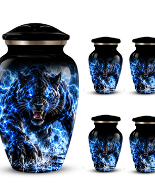 Black Panther Cremation Urn for Ashes, Blue Lightning Big Cat Urn for Human Ashes