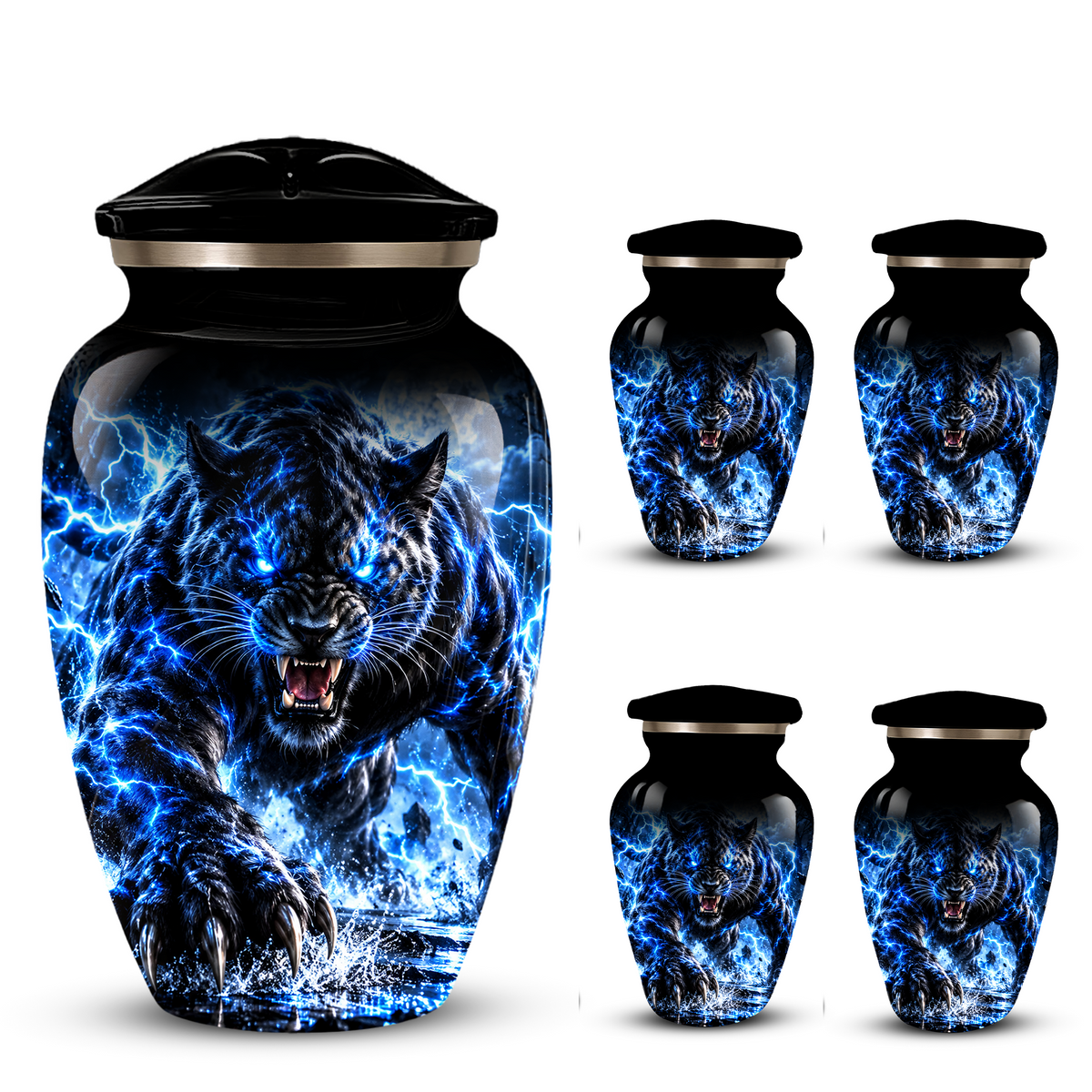 Black Panther Cremation Urn for Ashes, Blue Lightning Big Cat Urn for Human Ashes