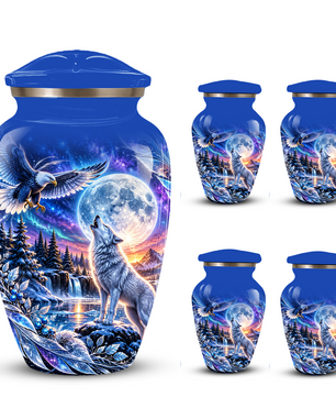 Personalized Adult Cremation Urn for Ashes, Custom Wolf and Eagle Memorial Urn, Blue Moonlight Fantasy Wildlife Design