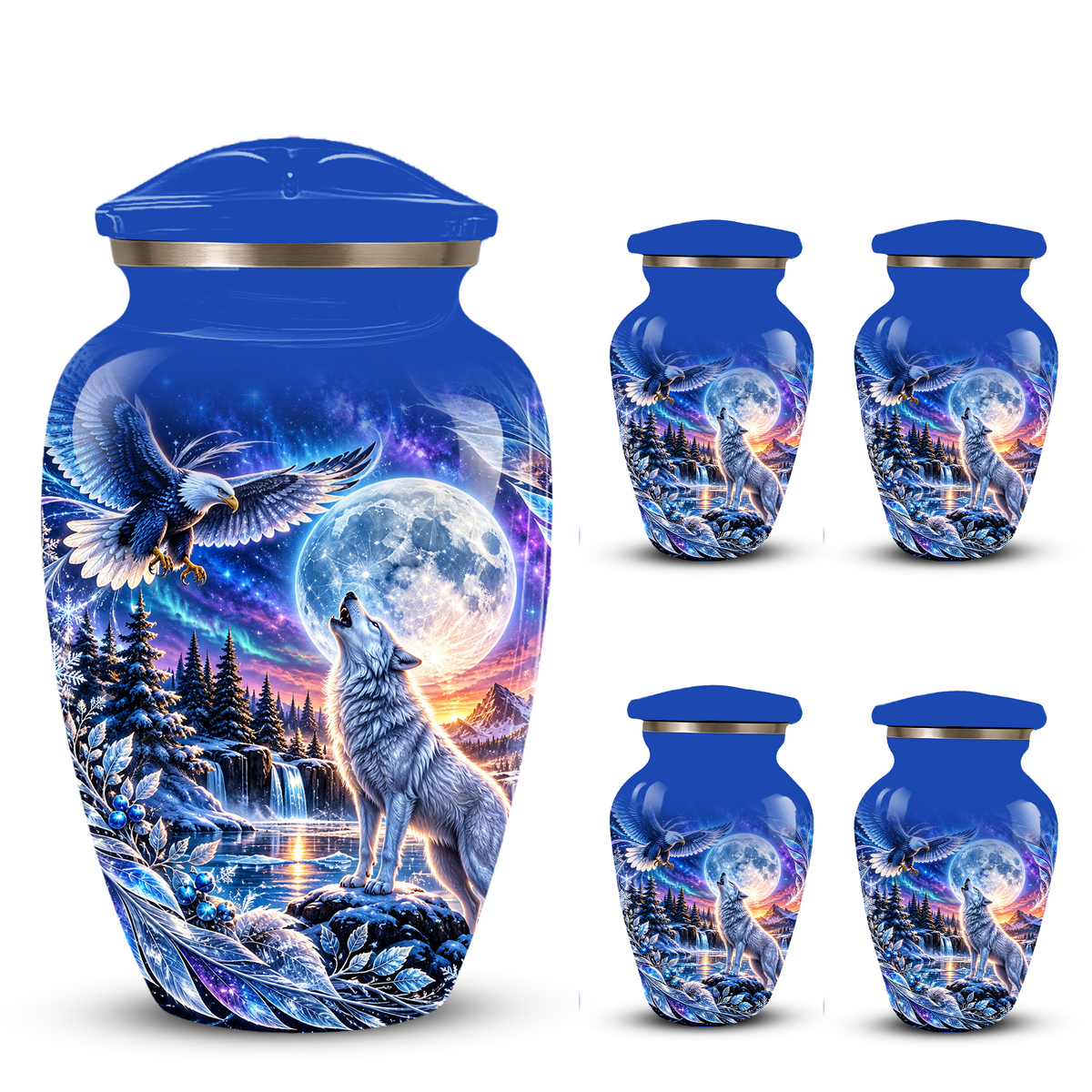 Personalized Adult Cremation Urn for Ashes, Custom Wolf and Eagle Memorial Urn, Blue Moonlight Fantasy Wildlife Design