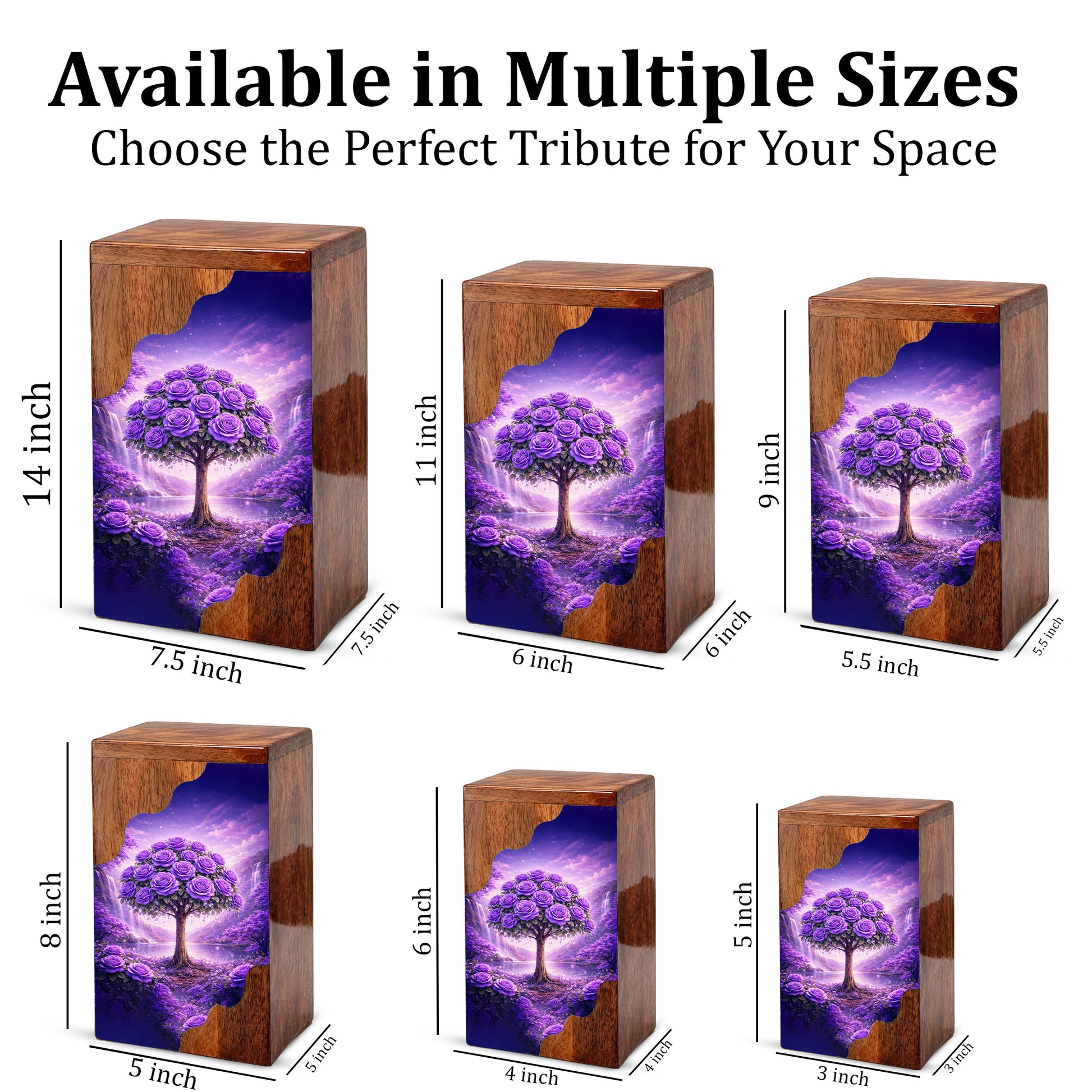 Purple Rose Tree Wooden Cremation Urn – Floral Memorial Urn with Tree of Life