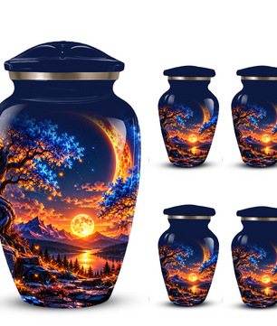 Celestial Moon Cremation Urn for Adult Ashes,  Glowing Crescent Moon, Sunset Mountains and Starry Lake Artwork