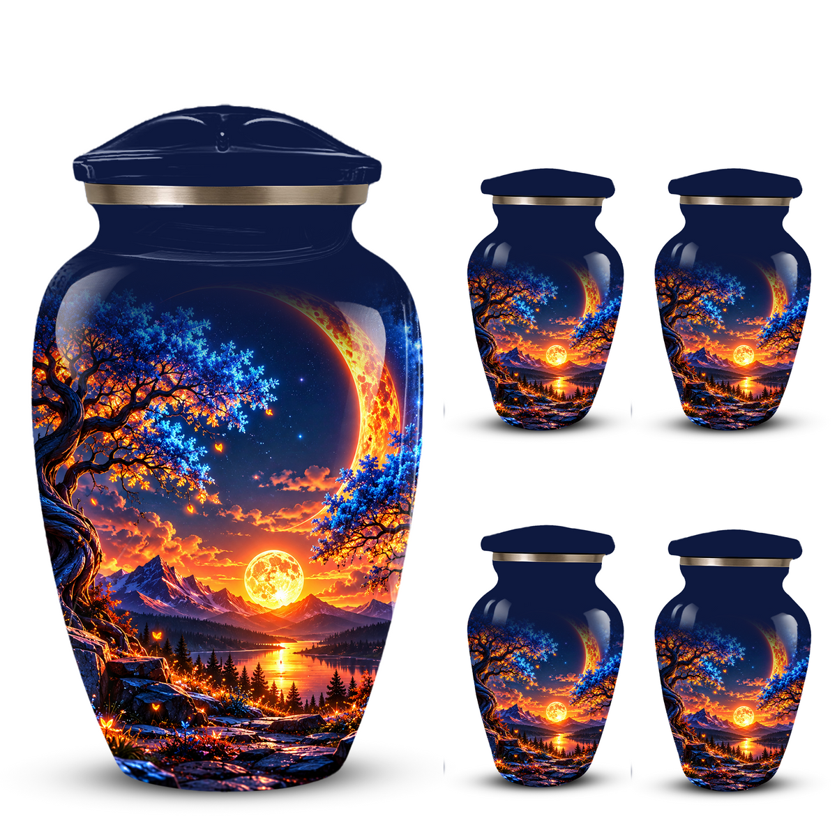 Celestial Moon Cremation Urn for Adult Ashes,  Glowing Crescent Moon, Sunset Mountains and Starry Lake Artwork