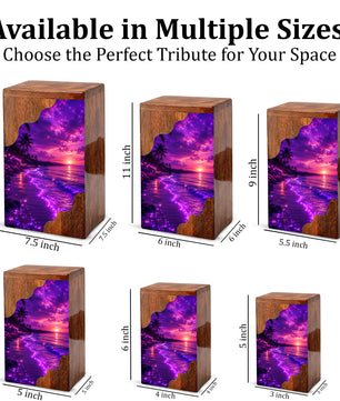 Beach Wooden Cremation Urn – Ocean Sunset Memorial Urn for Human Ashes