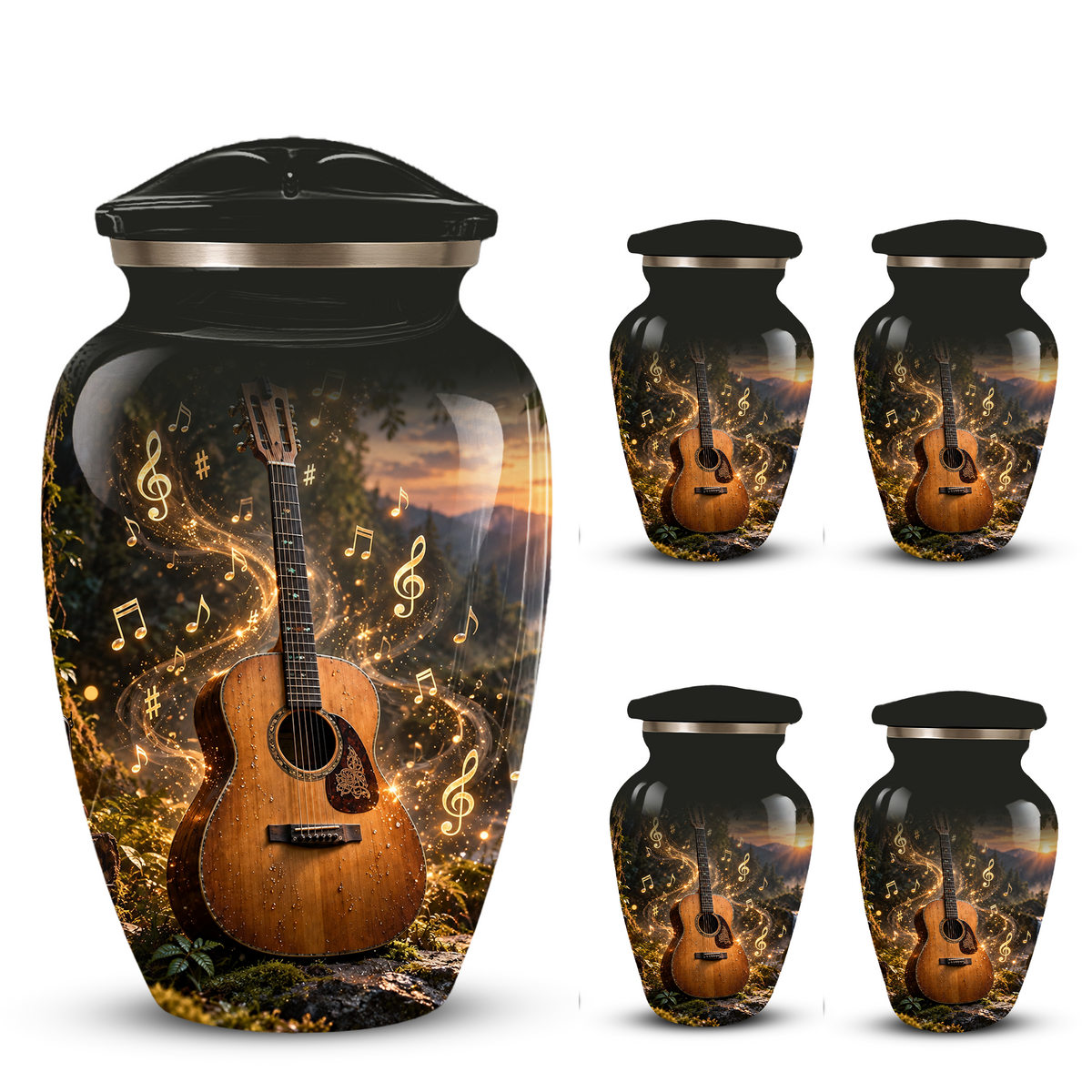 Personalized Guitar Cremation Urn for Ashes, Musical Instrument Urn with Golden Music Notes, Custom Music Lover Urn
