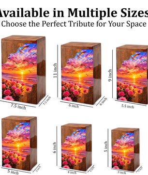 Personalized Sunset Beach Wooden Cremation Urn – Ocean Memorial Urn with Seagulls & Rose Garden