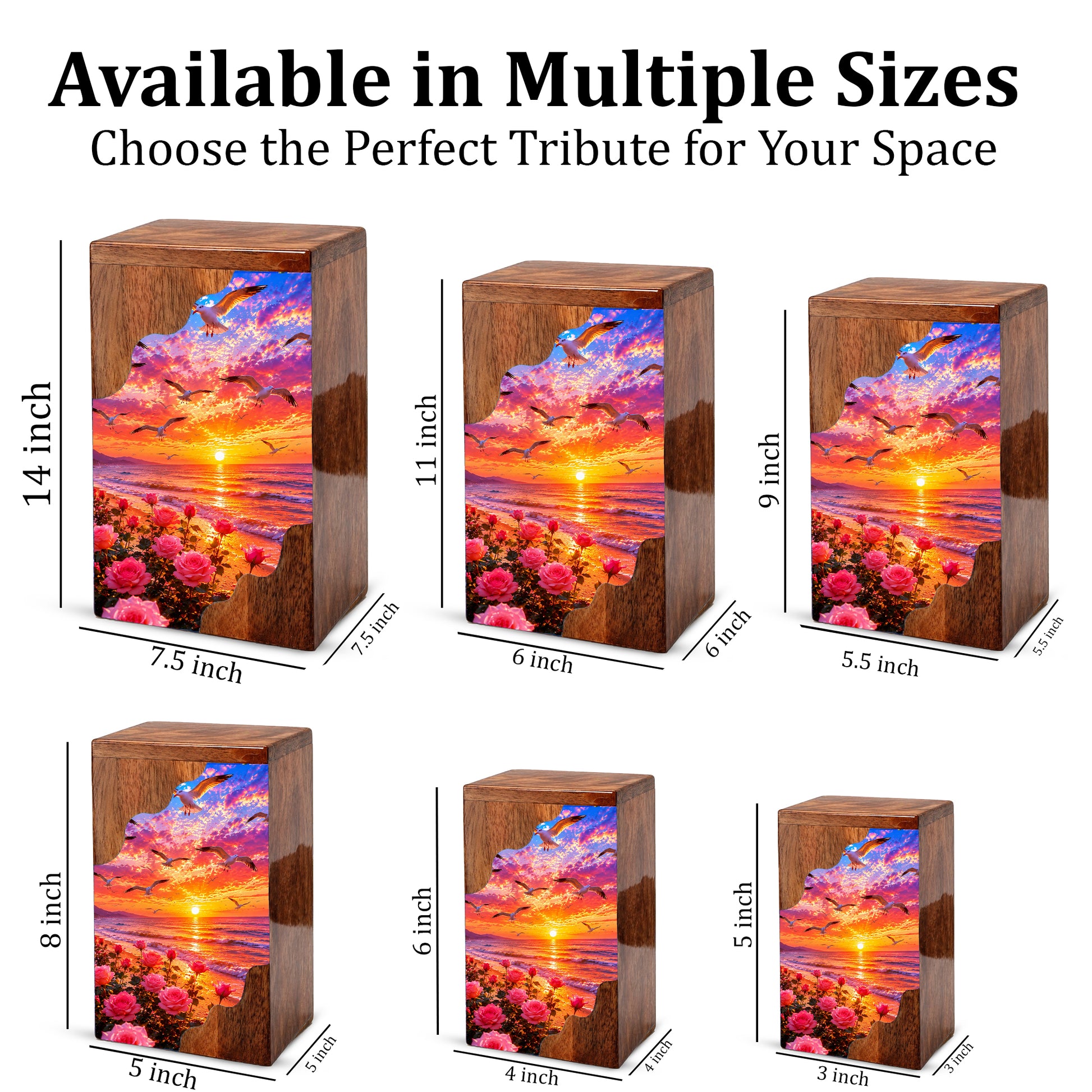 Personalized Sunset Beach Wooden Cremation Urn – Ocean Memorial Urn with Seagulls & Rose Garden