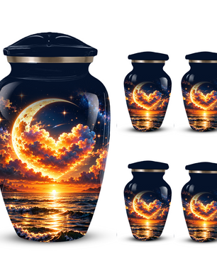 Personalized Adult Cremation Urn for Ashes, Golden Crescent Moon Ocean Memorial Urn, Custom Urn