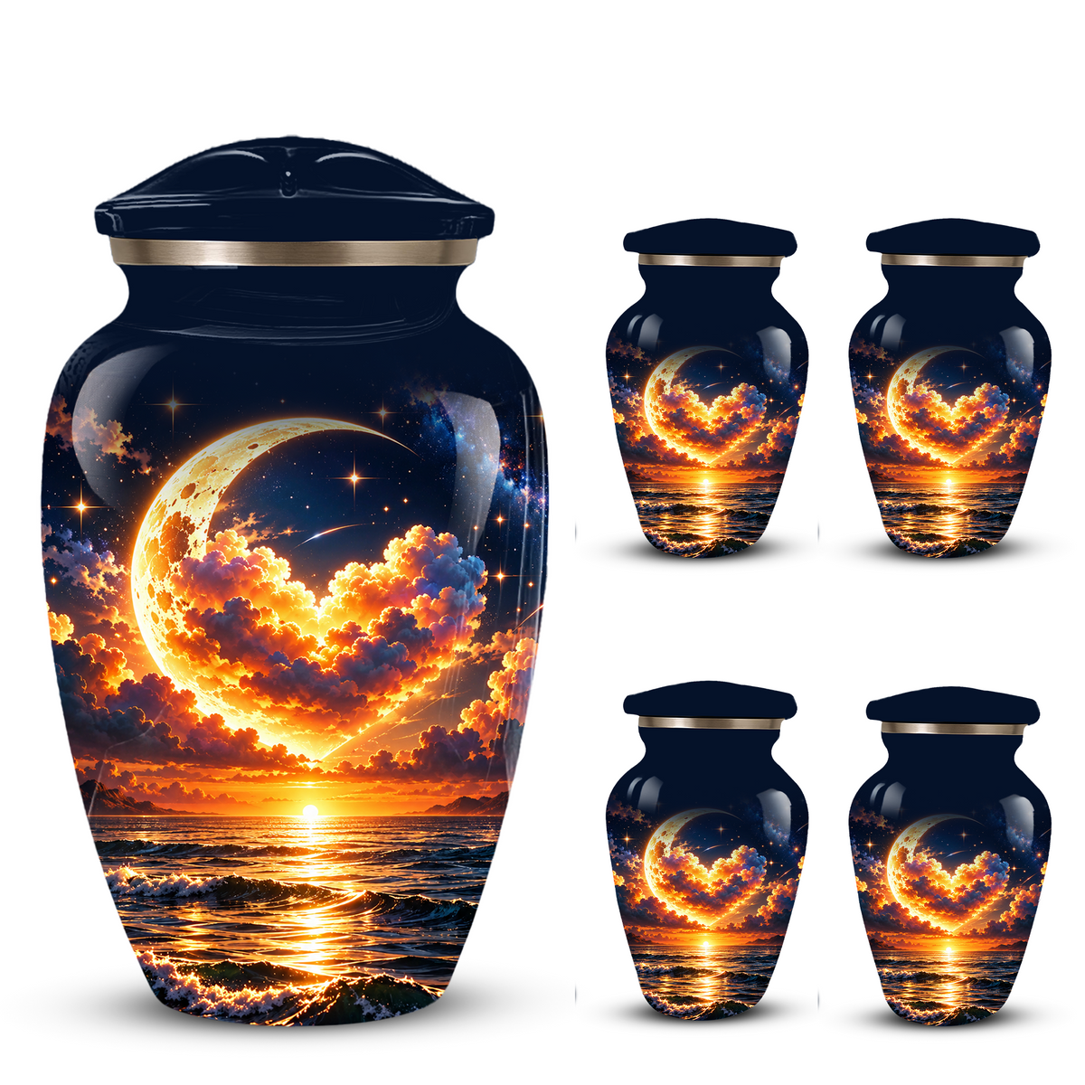 Personalized Adult Cremation Urn for Ashes, Golden Crescent Moon Ocean Memorial Urn, Custom Urn
