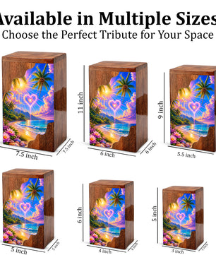 Tropical Beach Wooden Cremation Urn – Heart Sky Memorial Urn with Ocean Sunset Design