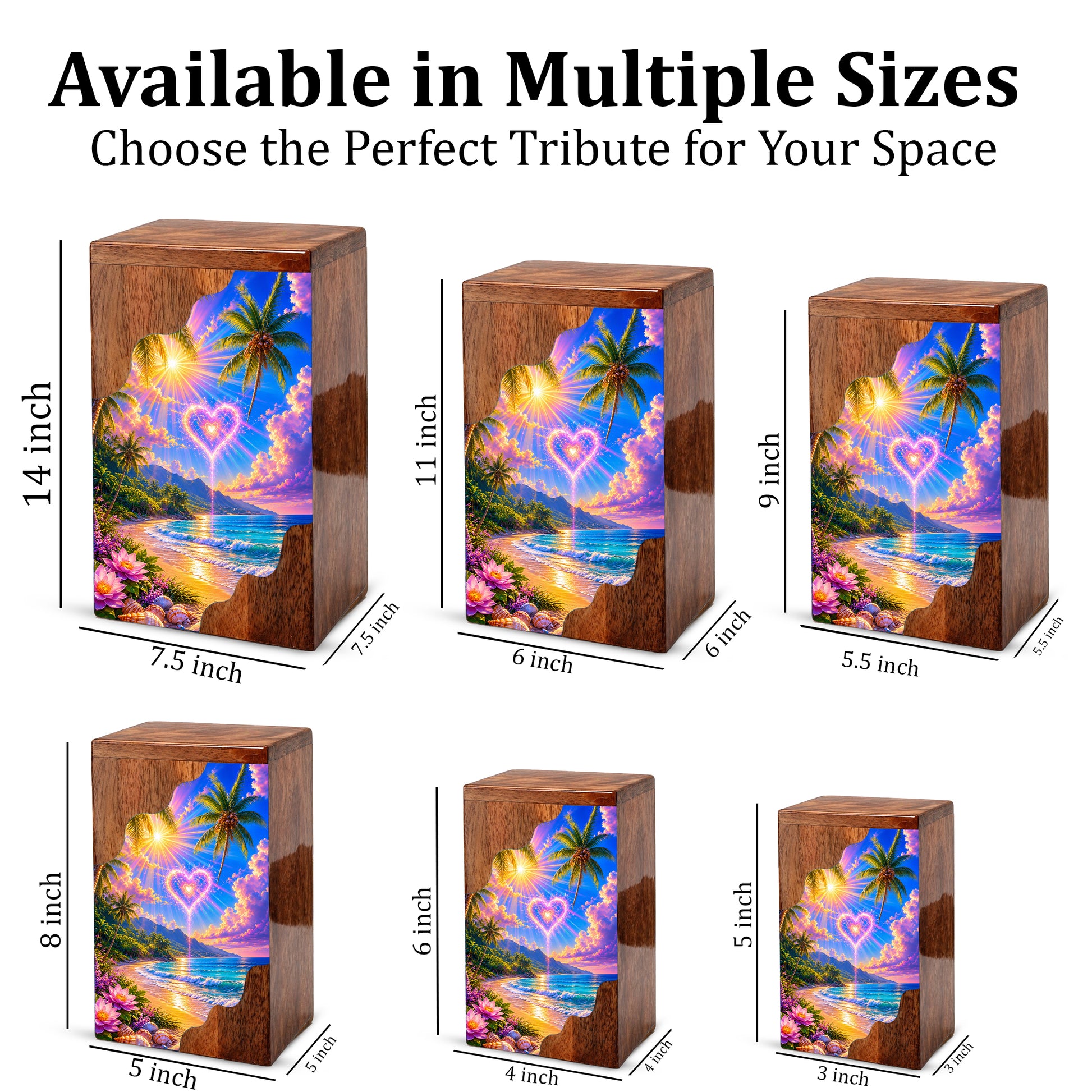 Tropical Beach Wooden Cremation Urn – Heart Sky Memorial Urn with Ocean Sunset Design