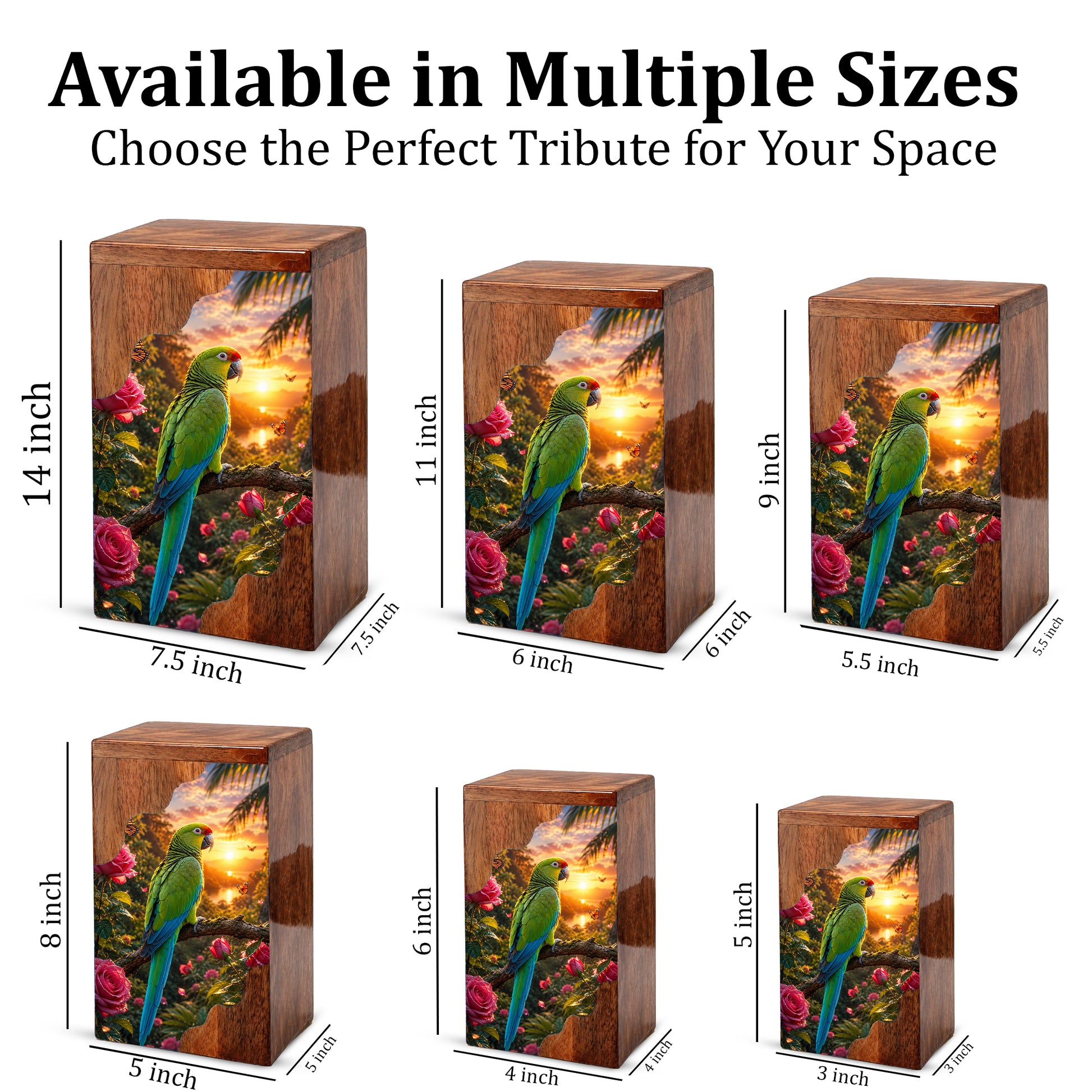 Tropical Parrot Wooden Cremation Urn – Personalized Memorial Urn for Human Ashes