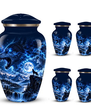 Personalized Adult Cremation Urn for Ashes, Blue Lightning Wolf Memorial Urn, Custom Wolf Howling at Moon Urn