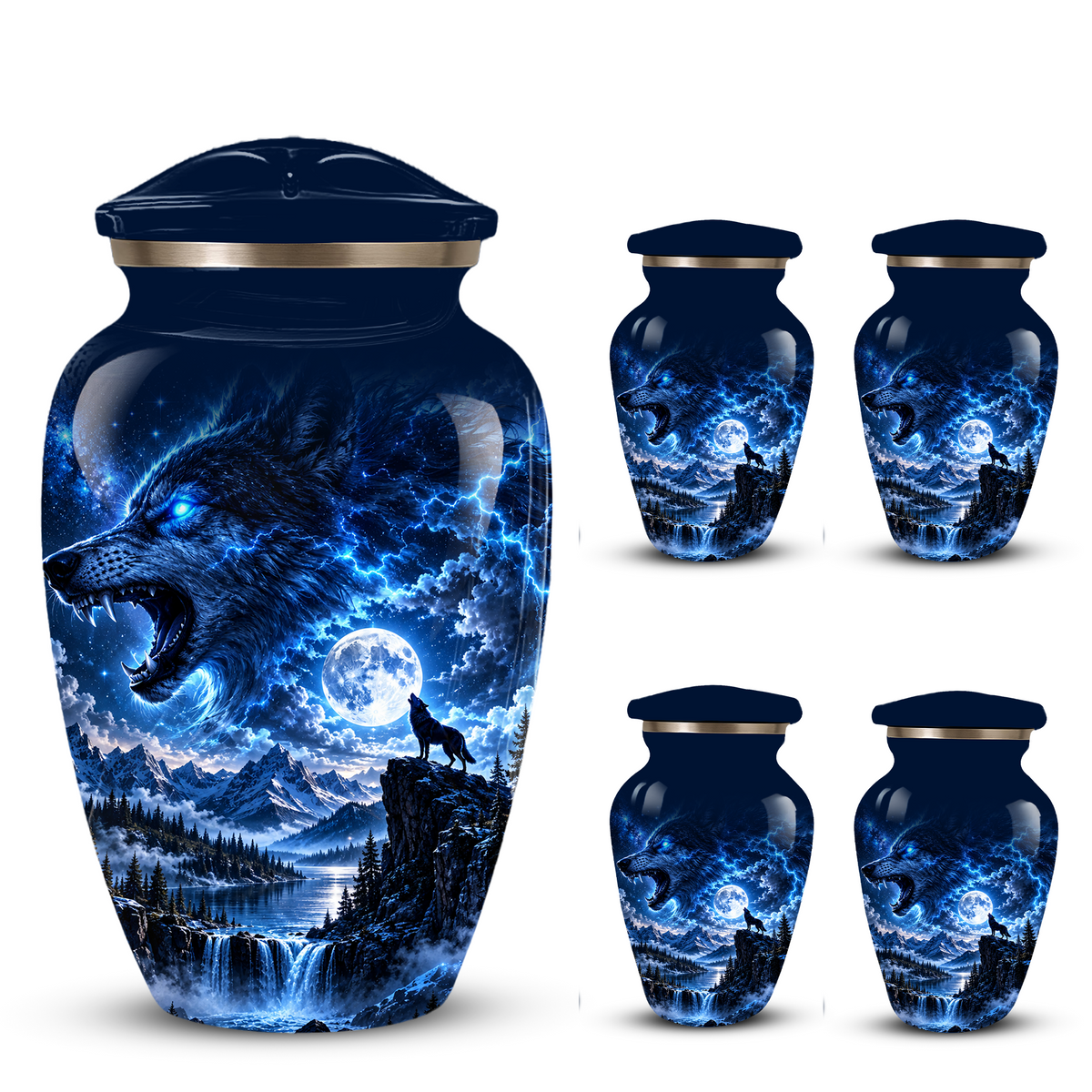Personalized Adult Cremation Urn for Ashes, Blue Lightning Wolf Memorial Urn, Custom Wolf Howling at Moon Urn