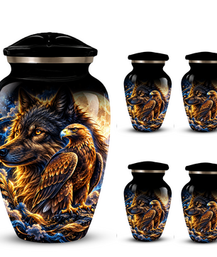 Wolf and Eagle Cremation Urn for Adult Ashes, Black Memorial Urn with Golden Eagle, Majestic Wolf and Celestial Artwork