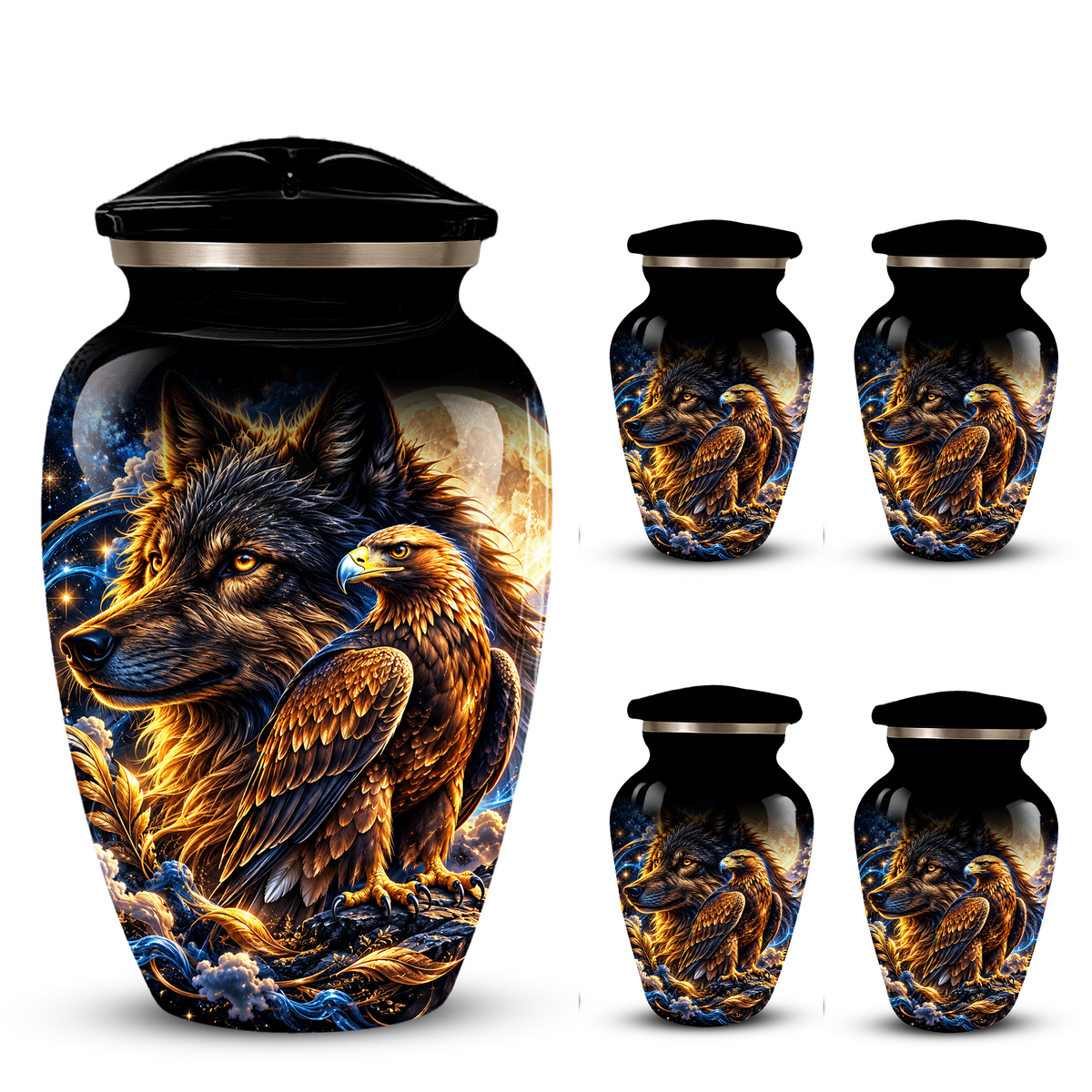 Wolf and Eagle Cremation Urn for Adult Ashes, Black Memorial Urn with Golden Eagle, Majestic Wolf and Celestial Artwork