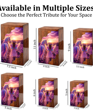 Angel Girl Wooden Cremation Urn – Fantasy Sunset Memorial Wooden Urn for Human Ashes