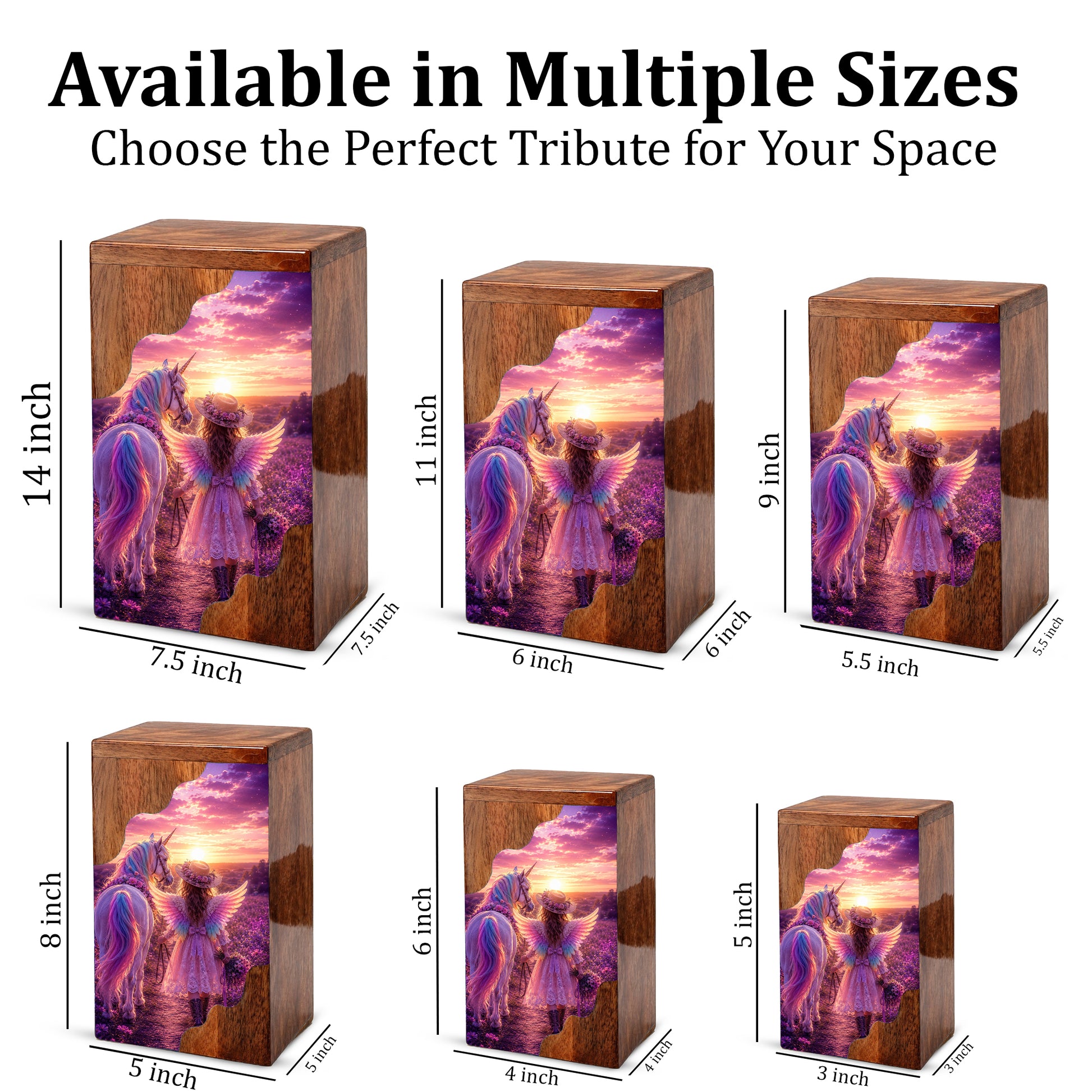 Angel Girl Wooden Cremation Urn – Fantasy Sunset Memorial Wooden Urn for Human Ashes