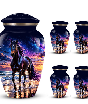 Personalized Adult Cremation Urn for Ashes, Custom Horse Memorial Urn, Black Horse with Purple Mane and Galaxy Sunset Design