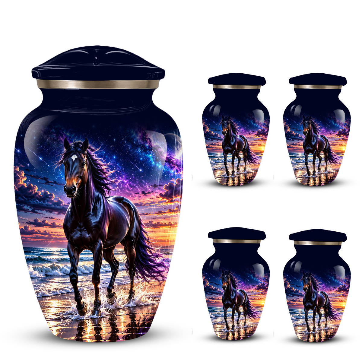 Personalized Adult Cremation Urn for Ashes, Custom Horse Memorial Urn, Black Horse with Purple Mane and Galaxy Sunset Design
