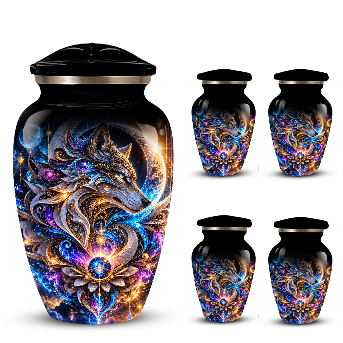 Personalized Adult Cremation Urn for Ashes, Celestial Wolf Memorial Urn, Fantasy Wolf Aluminum Cremation Urn