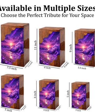 Violet Ocean Wooden Cremation Urn – Beach Theme Wooden Urn for Human Ashes
