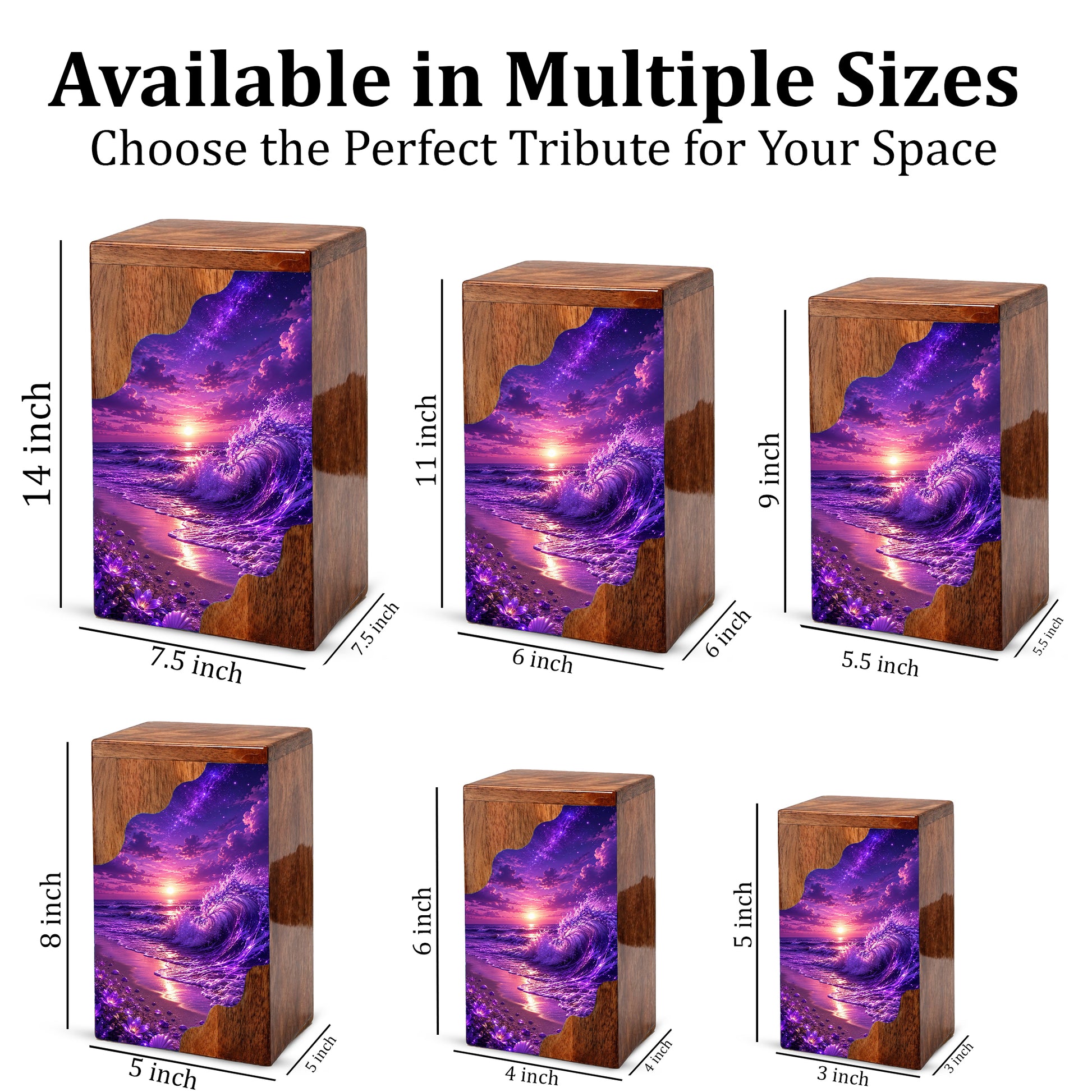 Violet Ocean Wooden Cremation Urn – Beach Theme Wooden Urn for Human Ashes
