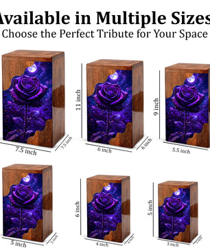 Moonlit Purple Rose Wooden Cremation Urn – Floral Memorial Urn for Human Ashes