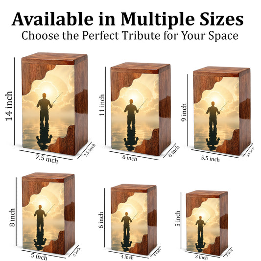 Fishing in Heaven Wooden Cremation Urn – Peaceful Lake Memorial Wooden Urn for Human Ashes