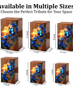 Blue Butterfly Wooden Cremation Urn – Floral Memorial Urn for Human Ashes