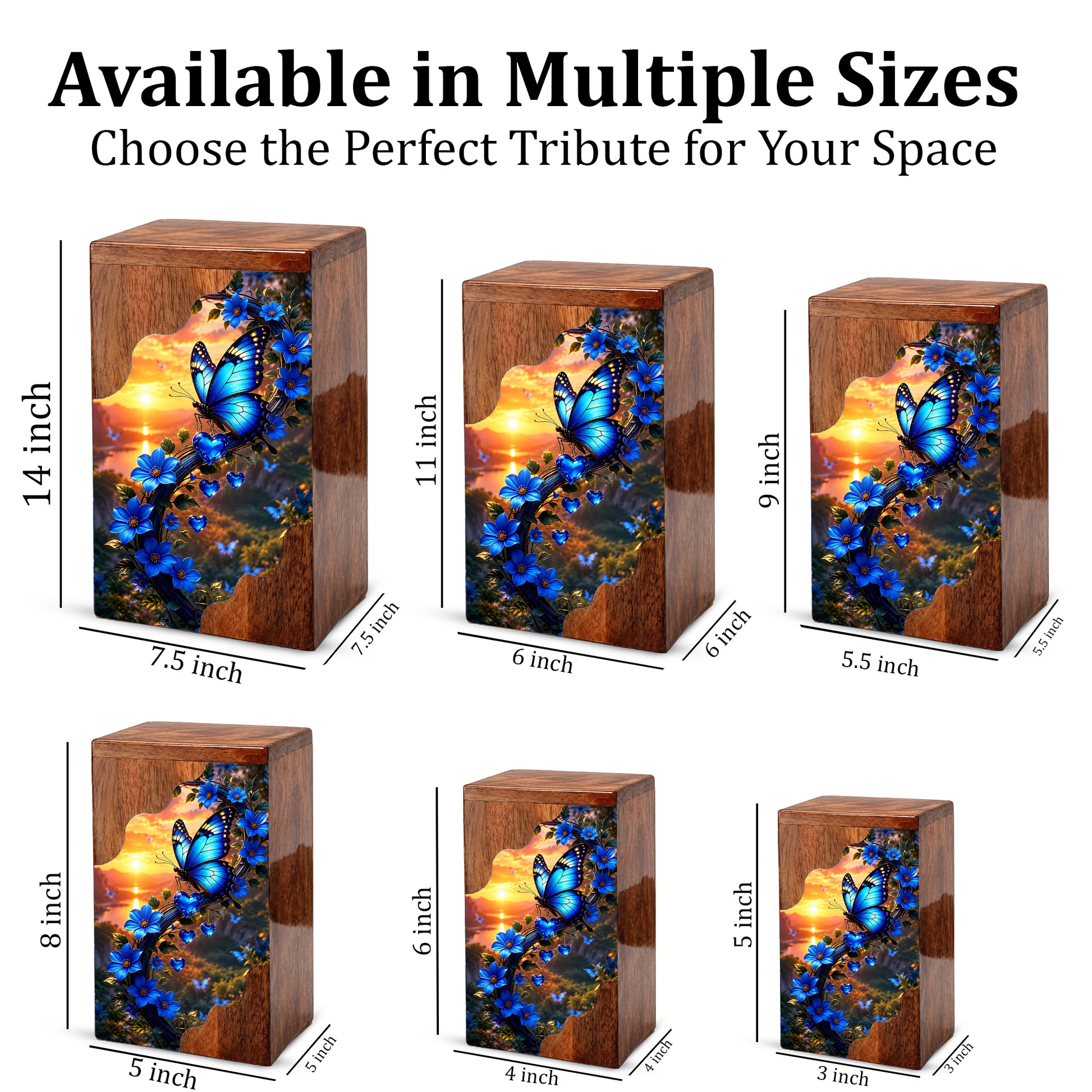 Blue Butterfly Wooden Cremation Urn – Floral Memorial Urn for Human Ashes