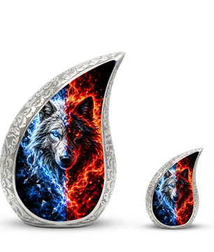 Fire and Ice Wolf Cremation Urn for Ashes, Dual Wolf Memorial Urn, Personalized Adult Cremation Urn