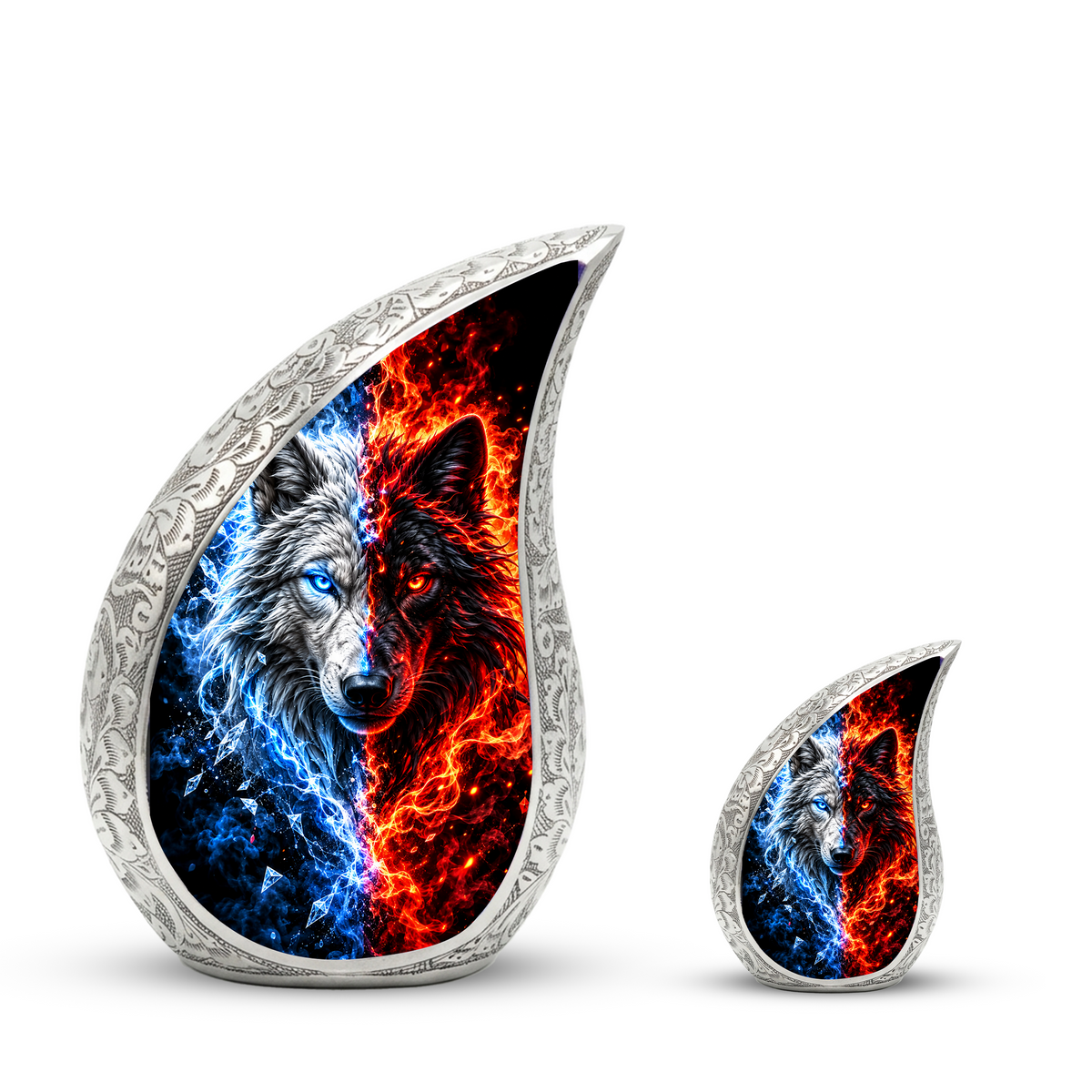 Fire and Ice Wolf Cremation Urn for Ashes, Dual Wolf Memorial Urn, Personalized Adult Cremation Urn